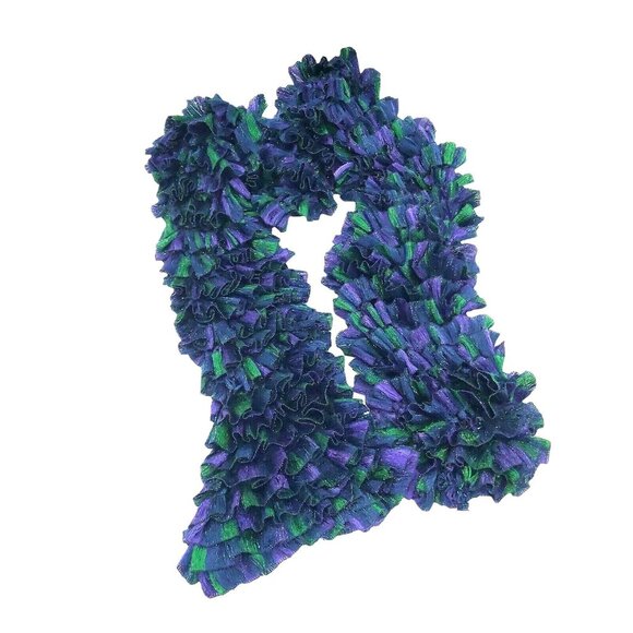 Frilly Ruffle Knit Scarf Wrap Boa All Season Accessory Green Purple Ribbon Mix - Picture 1 of 13